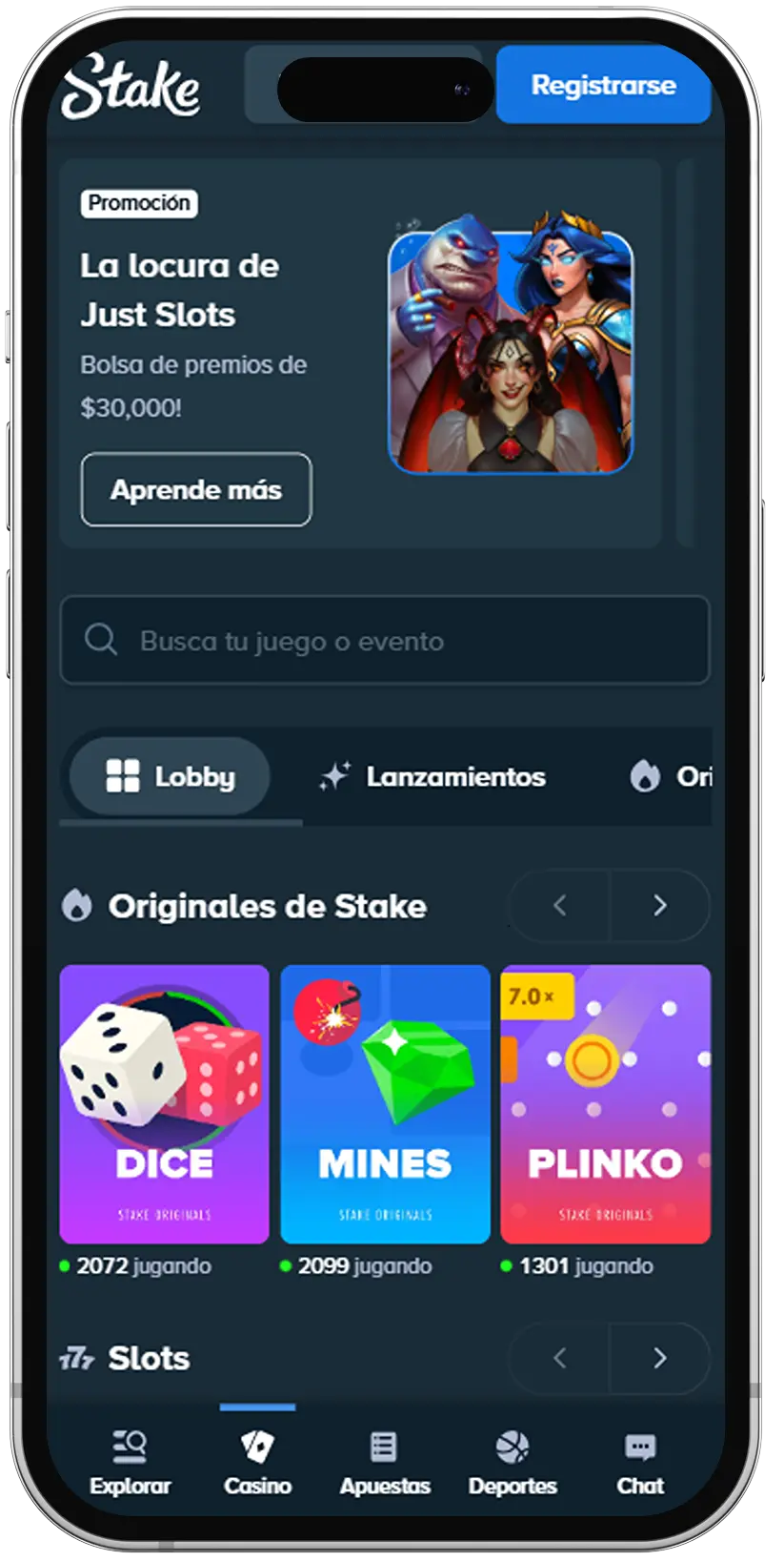 Mobile interface showing the Stake casino lobby on a smartphone