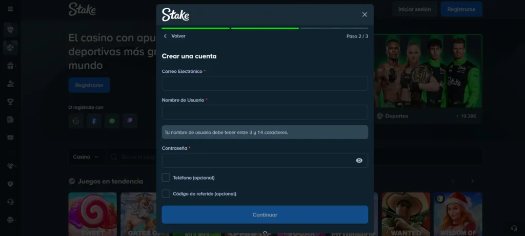 Crear una cuenta para Stake iniciar sesión